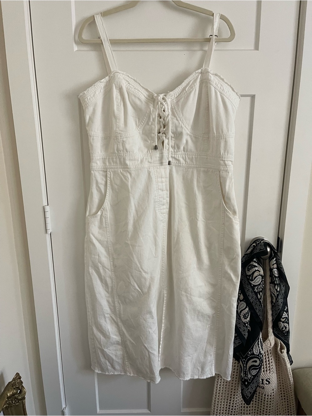 Pilcro White Lace-Up Spaghetti Strap Midi Dress